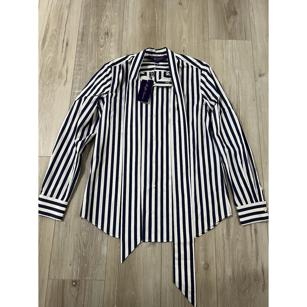 ralph lauren purple label Blue And White Striped Tie-front Blouse Sz 6